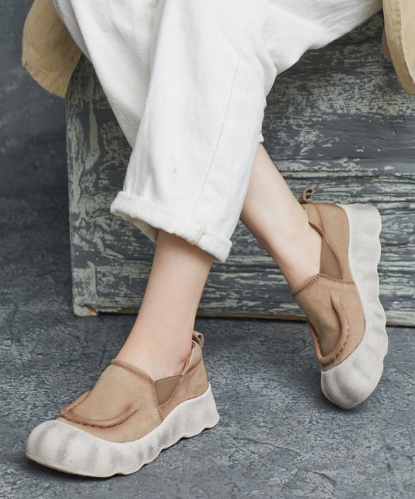 Splicing Platform Shoes Feet Handmade Flat Cowhide Leather Green