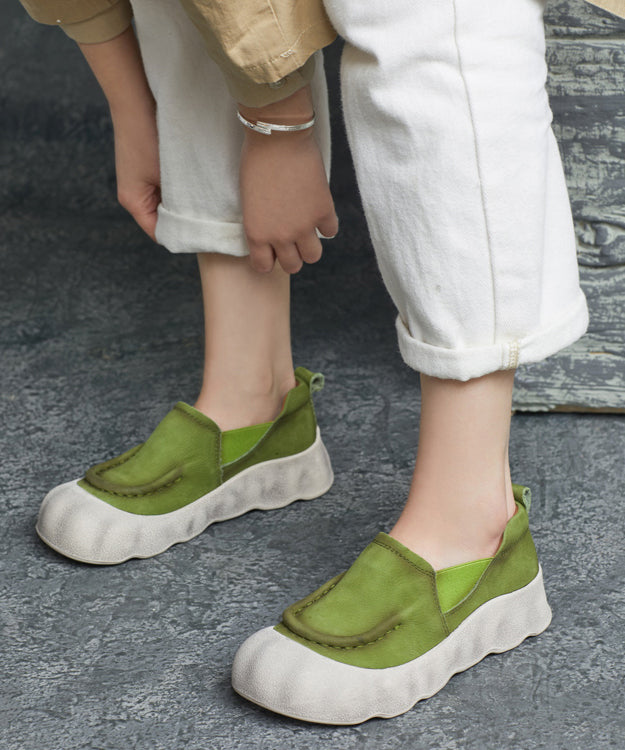 Platform Shoes Flat Green Leather Splicing Cowhide Feet Handmade