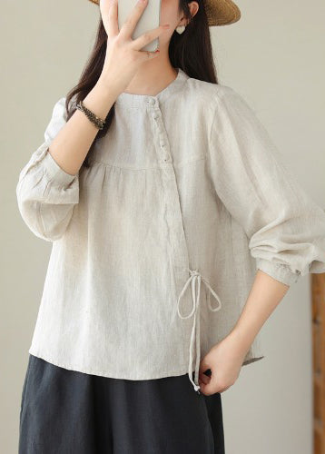Handmade White Asymmetrical Lace Up Linen Shirts Spring TM023