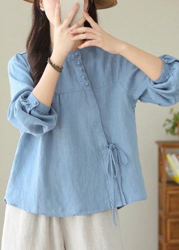 Handmade White Asymmetrical Lace Up Linen Shirts Spring TM023