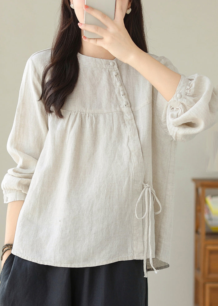 Handmade White Asymmetrical Lace Up Linen Shirts Spring TM023