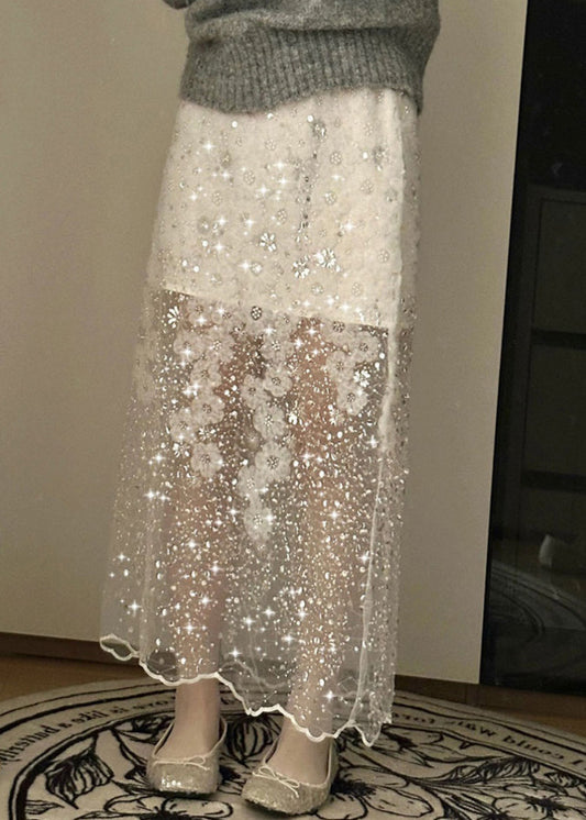 Tulle Nail Bead White Summer Skirt Handmade Sequins