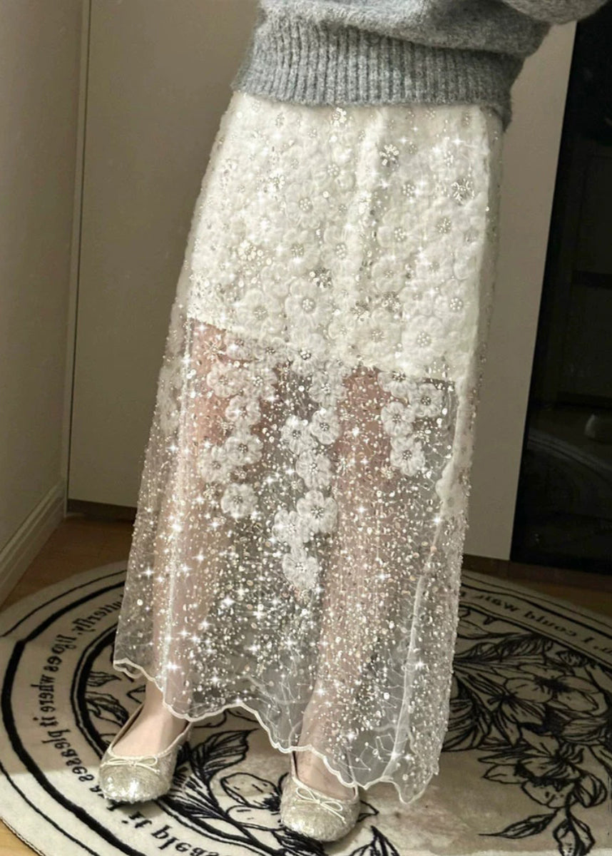 Tulle Nail Bead White Summer Skirt Handmade Sequins