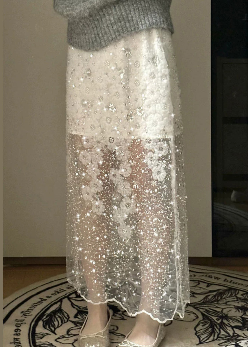 Tulle Nail Bead White Summer Skirt Handmade Sequins