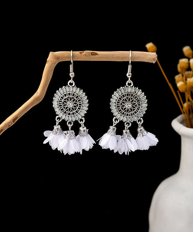 Drop Floral Zircon Tassel Chiffon Sterling White Silver Handmade