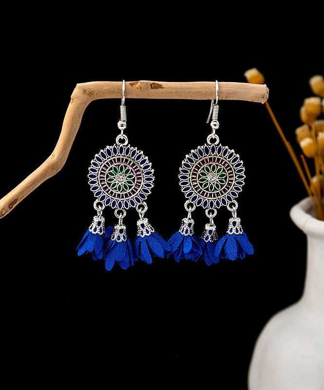 Floral Zircon Earrings Drop Silver White Sterling Chiffon Handmade Tassel