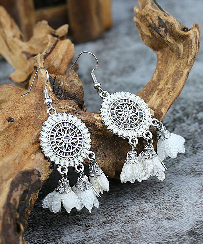 Floral Zircon Earrings Drop Silver White Sterling Chiffon Handmade Tassel