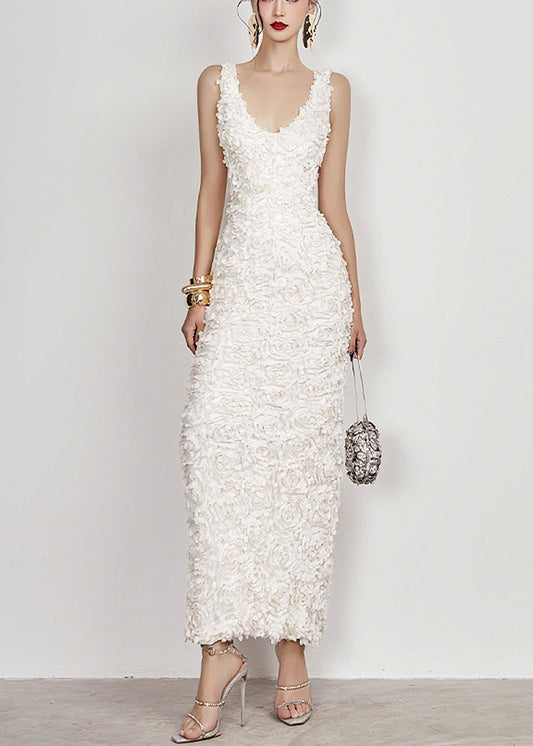 Cotton Neck White Side V Open Sleeveless Long Dress Handmade