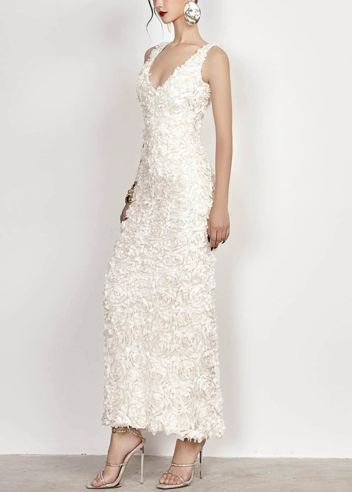 Cotton Neck White Side V Open Sleeveless Long Dress Handmade