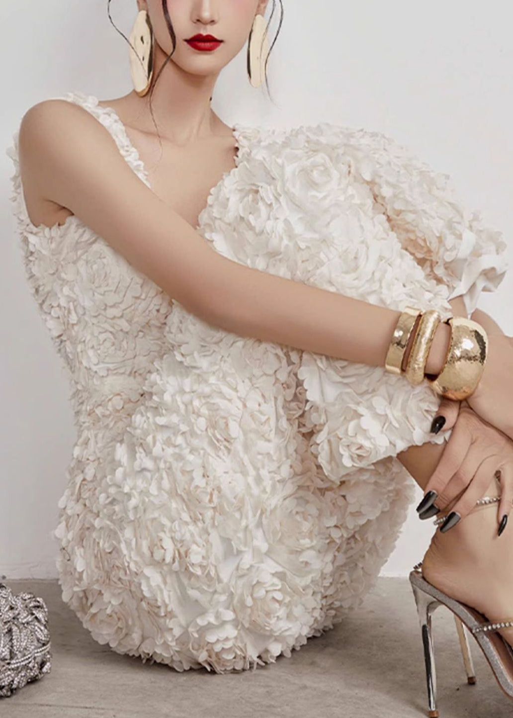 Cotton Neck White Side V Open Sleeveless Long Dress Handmade