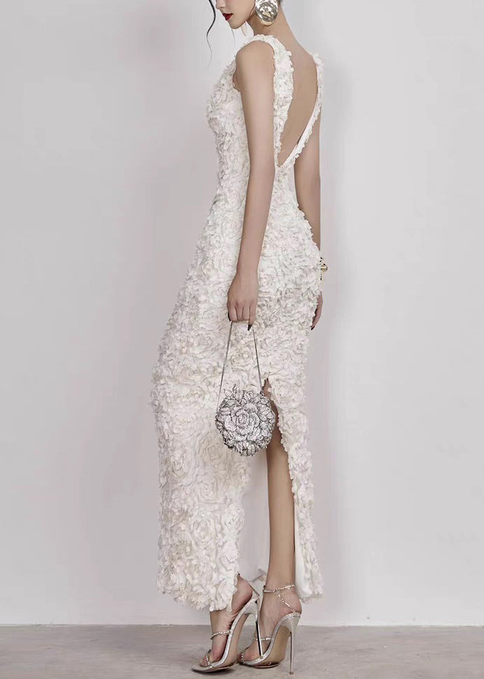 Cotton Neck White Side V Open Sleeveless Long Dress Handmade