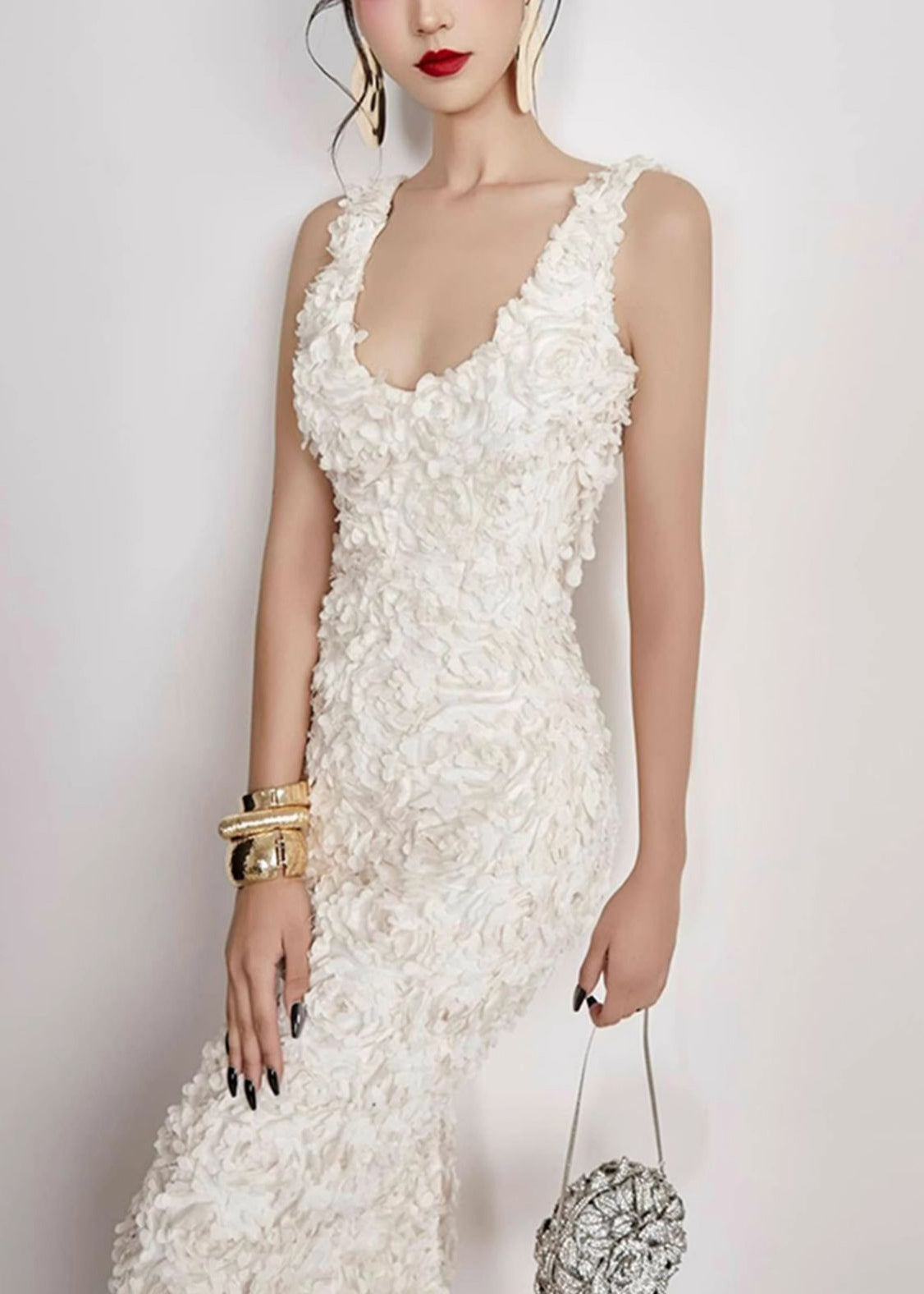 Cotton Neck White Side V Open Sleeveless Long Dress Handmade