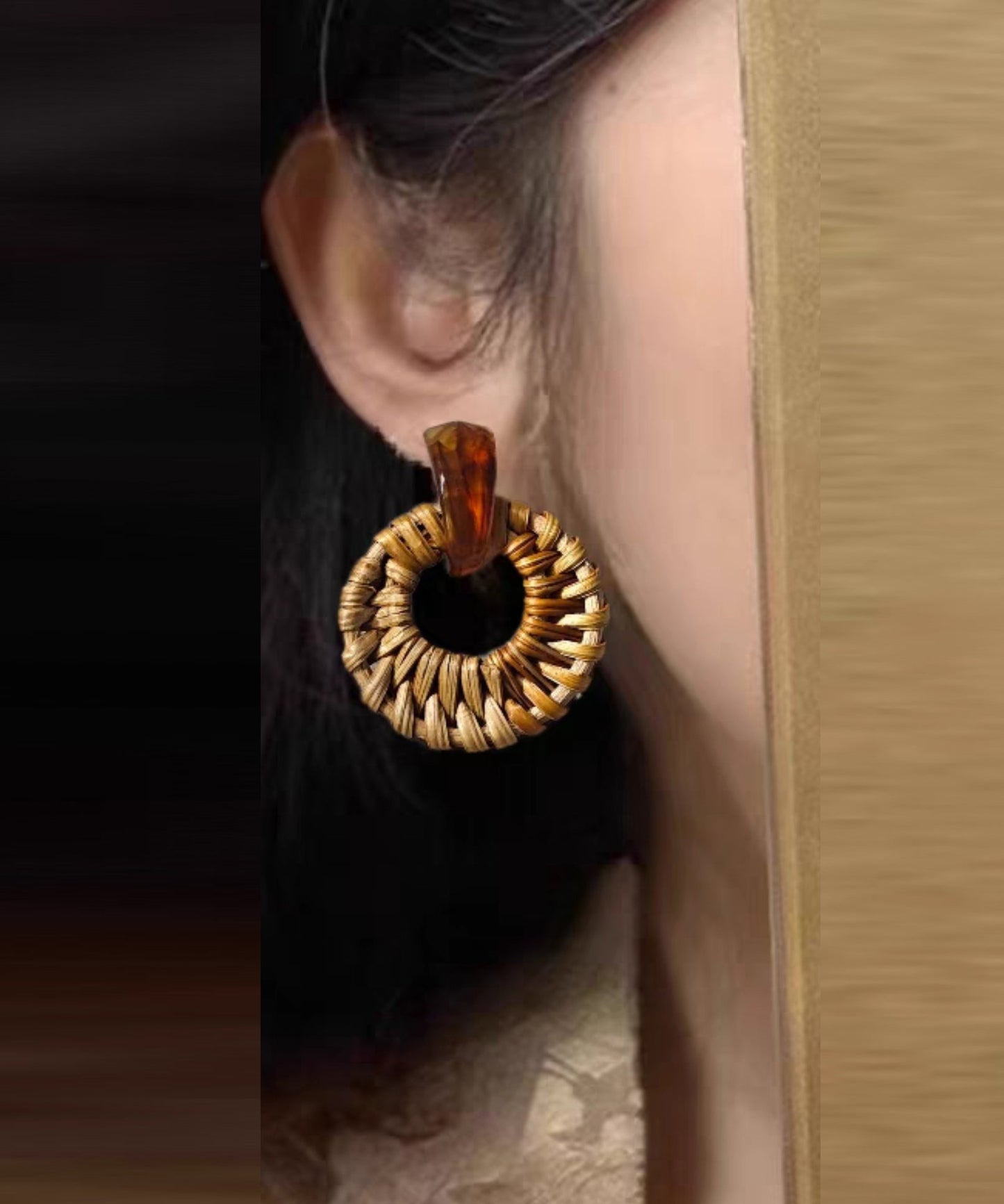 Handmade Weaving Grass Hoop Earrings Vine Bamboo Yellow Alloy