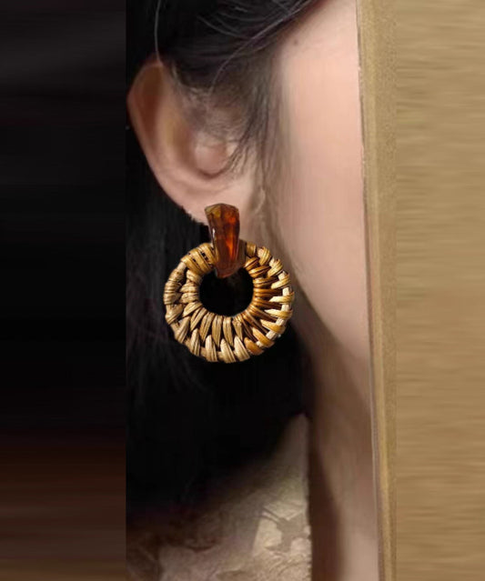 Handmade Weaving Grass Hoop Earrings Vine Bamboo Yellow Alloy