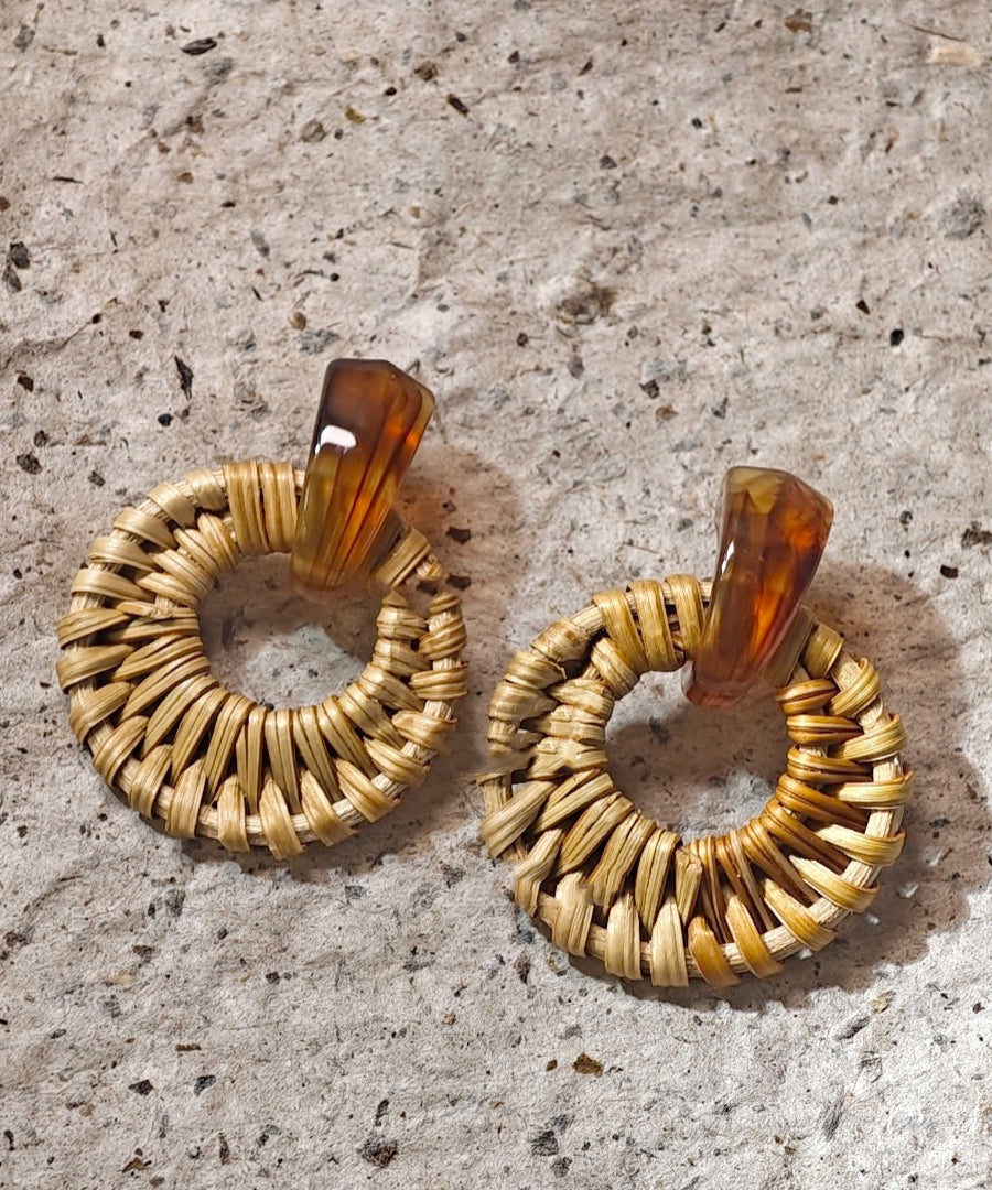 Handmade Weaving Grass Hoop Earrings Vine Bamboo Yellow Alloy