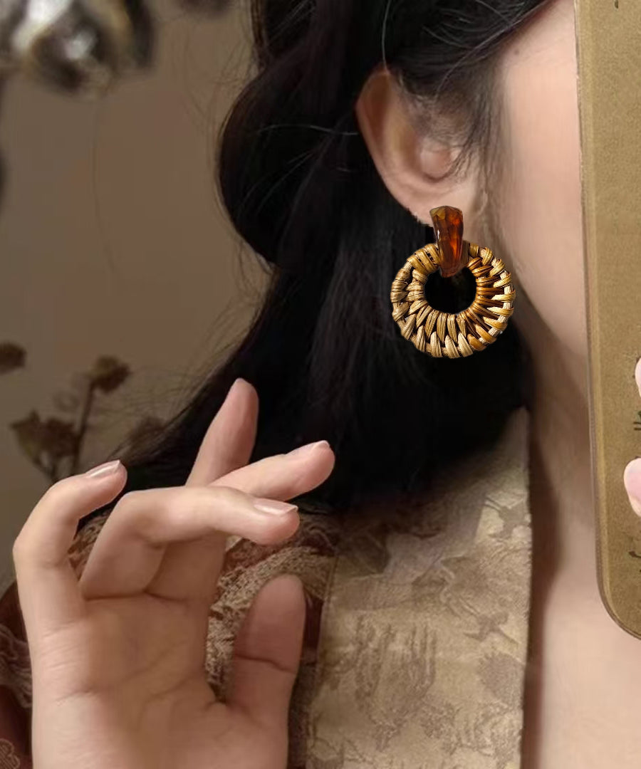 Handmade Weaving Grass Hoop Earrings Vine Bamboo Yellow Alloy