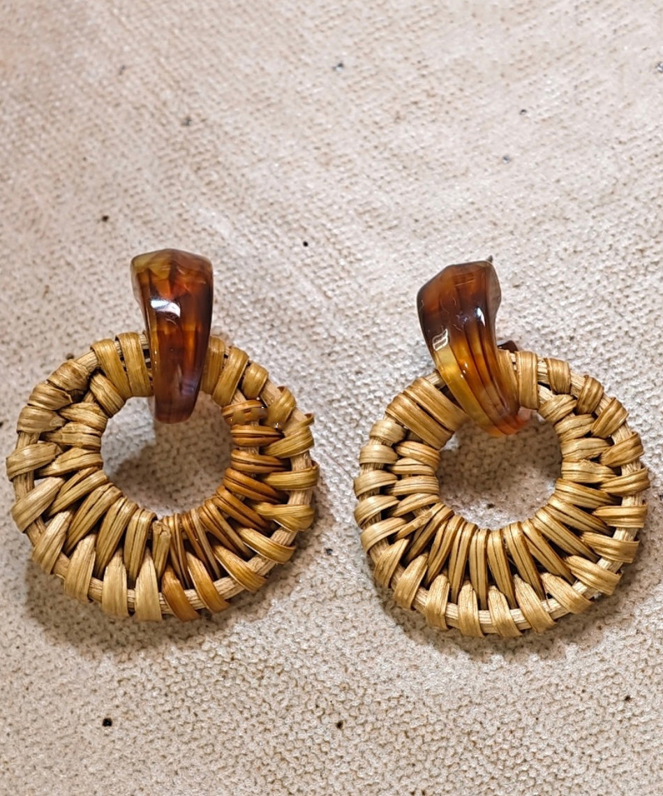 Handmade Weaving Grass Hoop Earrings Vine Bamboo Yellow Alloy