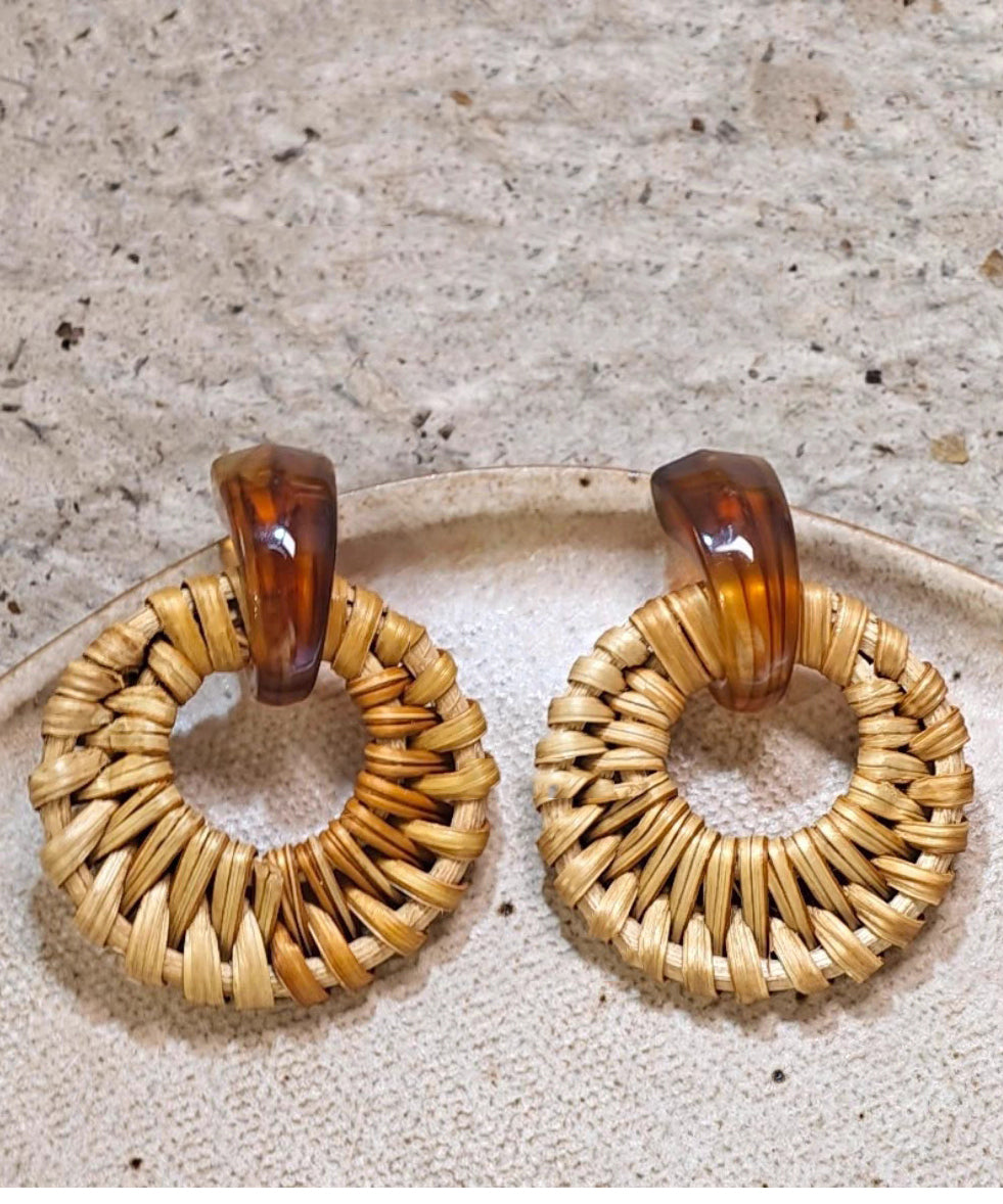 Handmade Weaving Grass Hoop Earrings Vine Bamboo Yellow Alloy