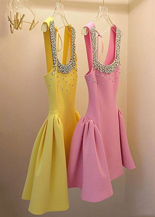 Handmade Up Mid Sleeveless Lace Patchwork Yellow Bead Nail Dress