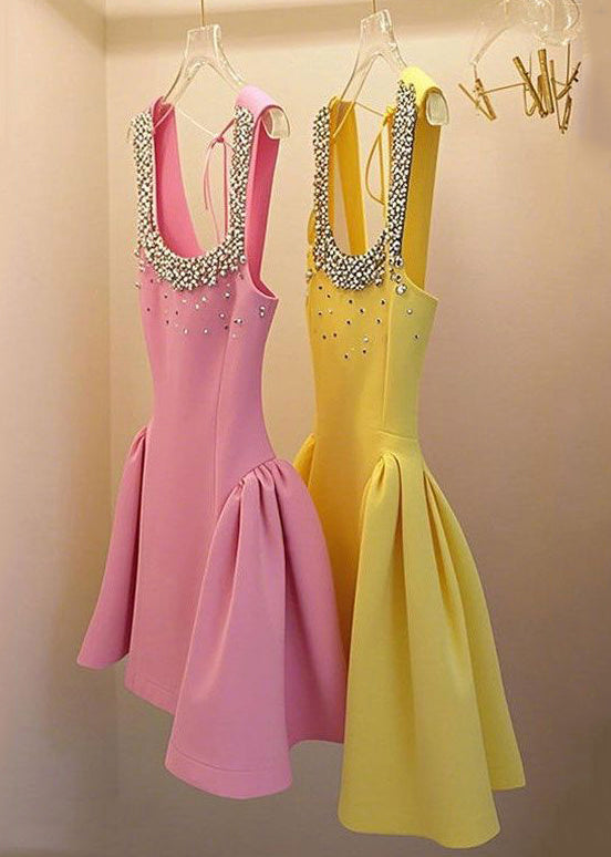 Handmade Up Mid Sleeveless Lace Patchwork Yellow Bead Nail Dress