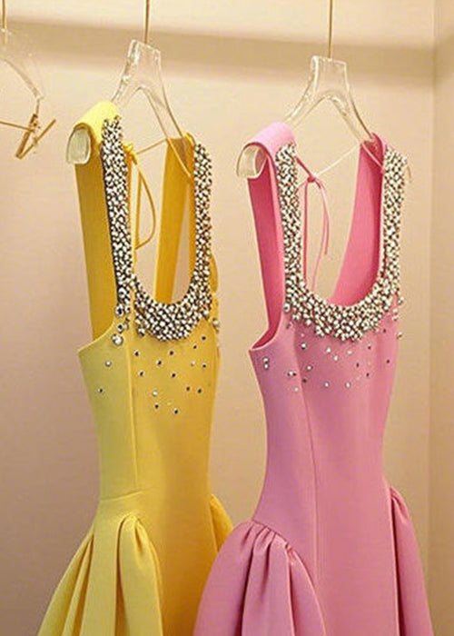 Handmade Up Mid Sleeveless Lace Patchwork Yellow Bead Nail Dress