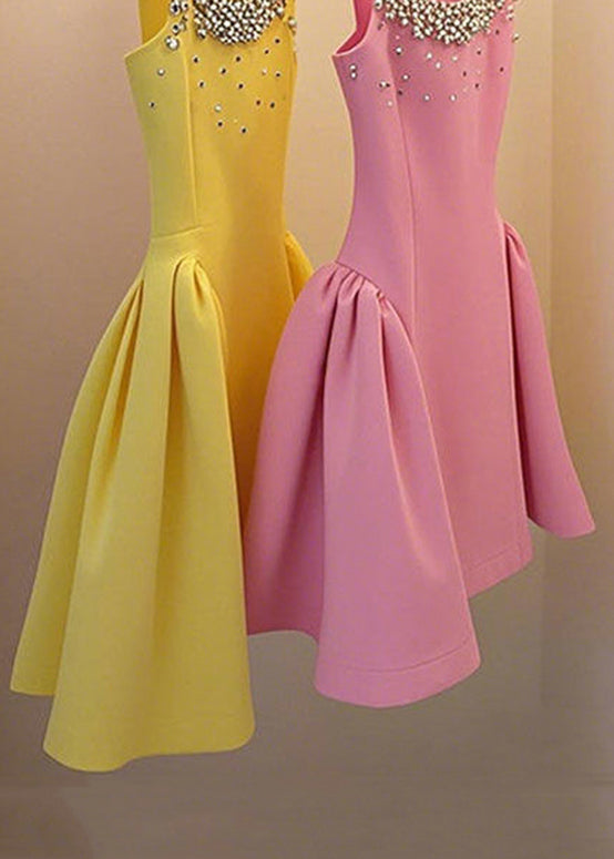 Handmade Up Mid Sleeveless Lace Patchwork Yellow Bead Nail Dress