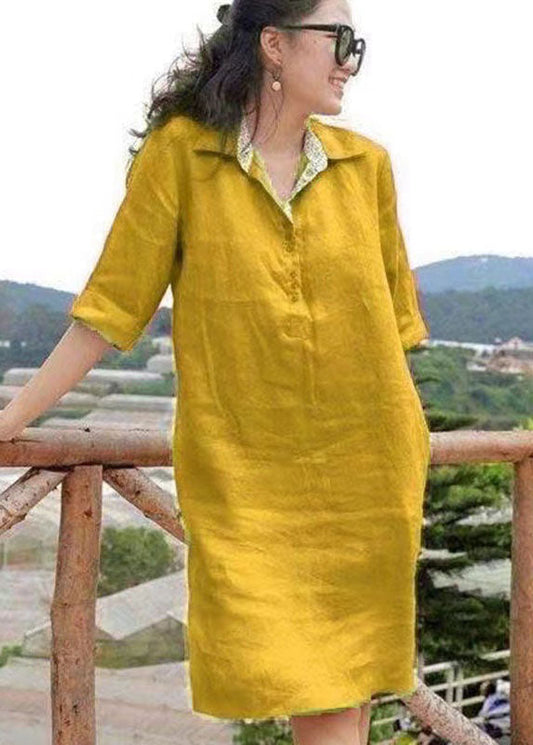 Handmade Yellow Peter Pan Collar Patchwork Vacation Mid Dresses Summer VB1043