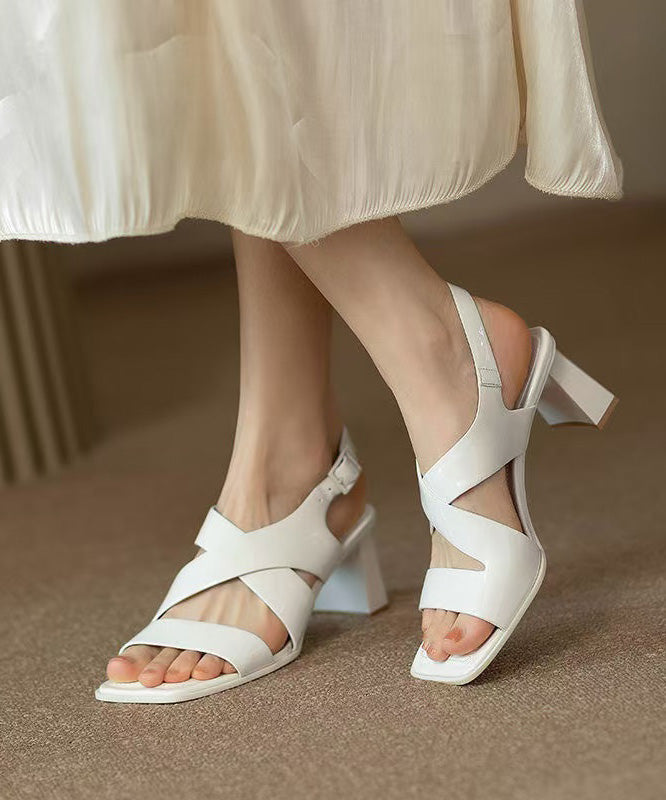 Heel Leather Sandals Splicing Out Faux Chunky Hollow White