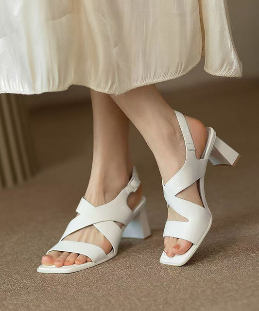 Heel Leather Sandals Splicing Out Faux Chunky Hollow White
