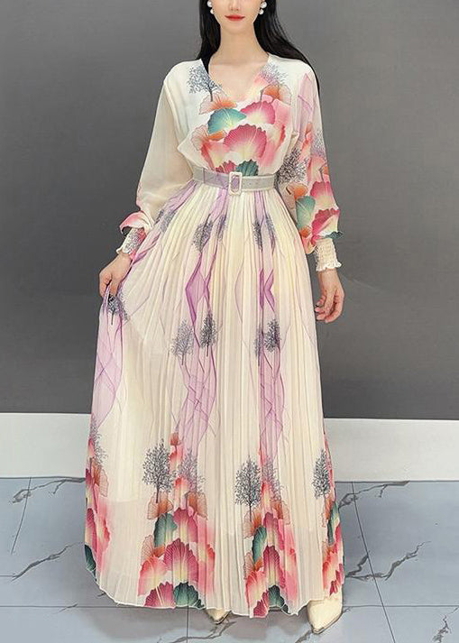 Italian Apricot V Neck Print Wrinkled Long Dress Fall