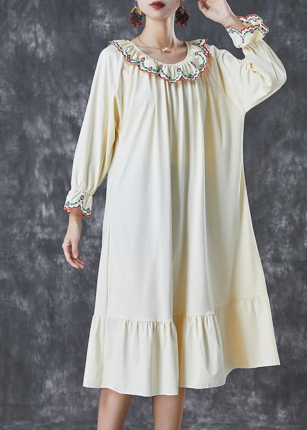 Italian Beige Embroidered Ruffles Cotton Maxi Dresses Fall Ada Fashion