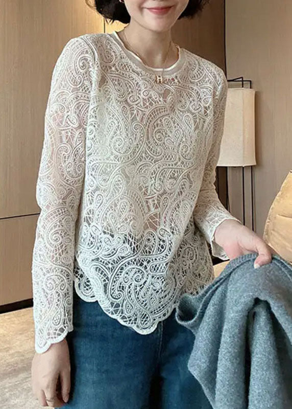 Lace Top Hollow O-Neck Spring Out Italian Beige