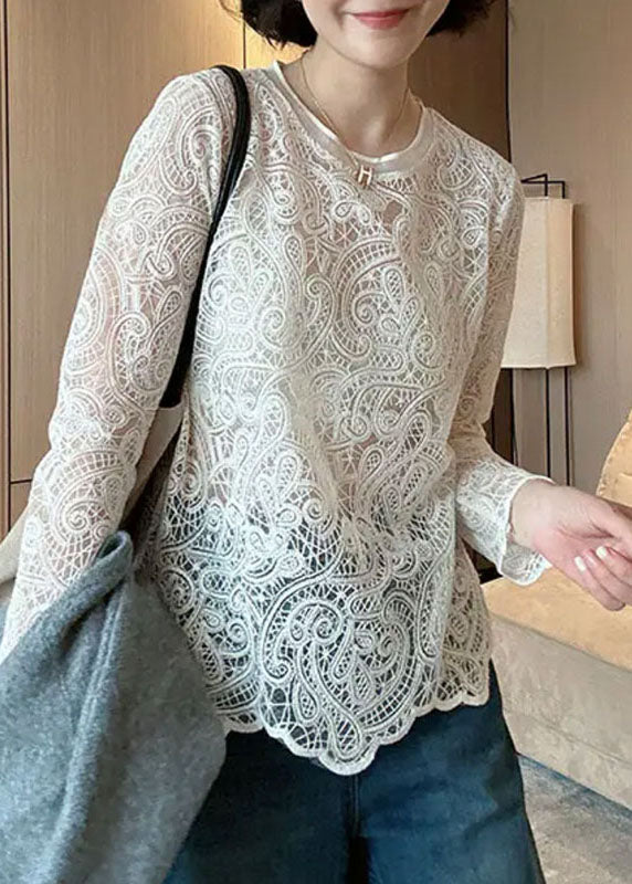 Lace Top Hollow O-Neck Spring Out Italian Beige