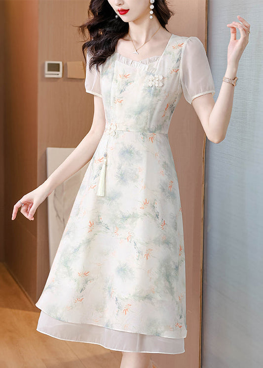 Italian Beige Ruffled Square Collar Print Chiffon Dresses Summer BB007