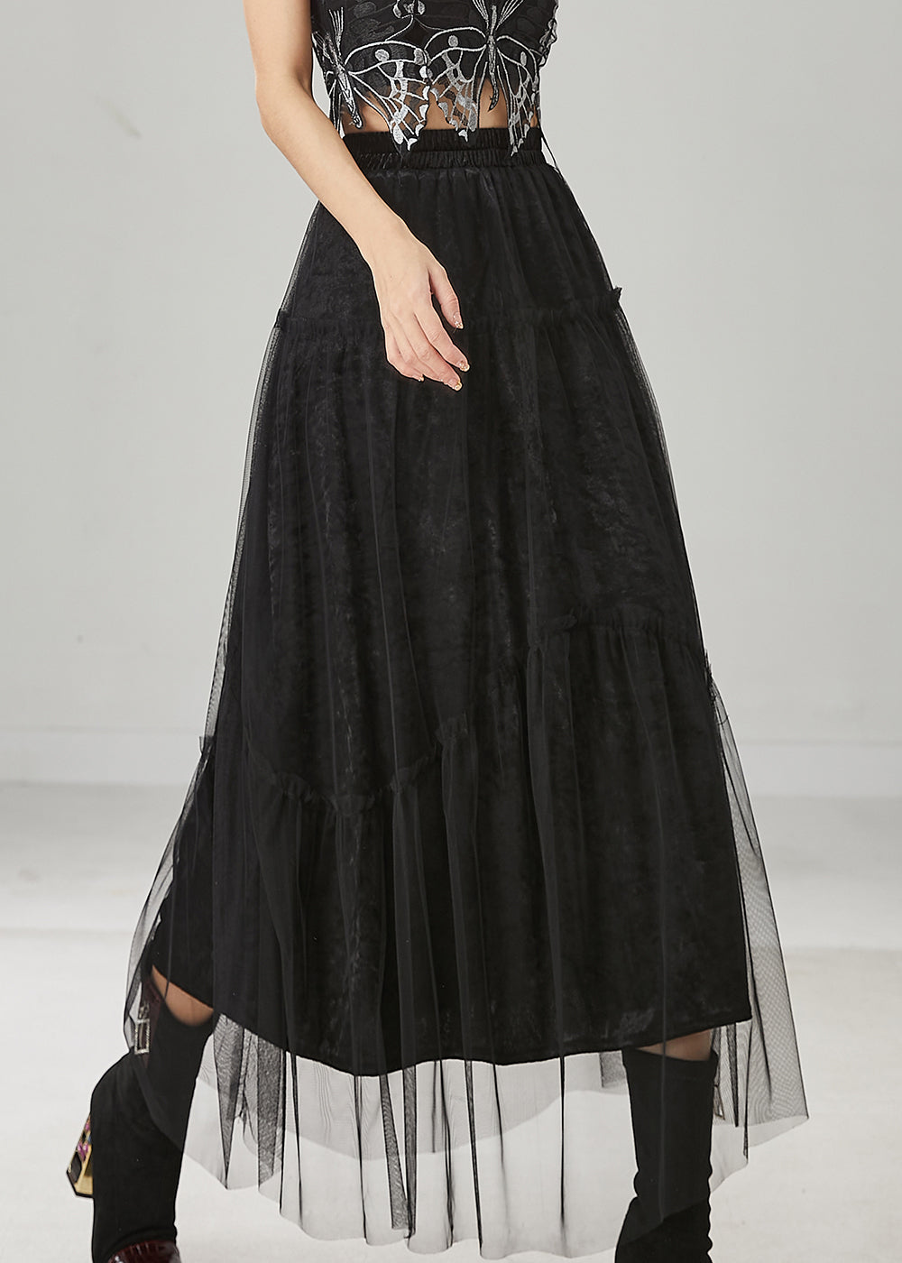 Italian Black Elastic Waist Tulle A Line Skirt Spring YU1020