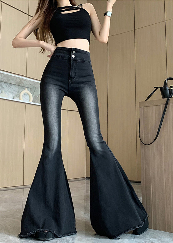 Italian Black High Waist Denim Flared Pants Trousers Spring YP045