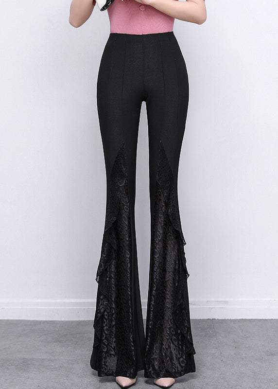 Italian Black Patchwork Lace Tummy Control Spandex Flared Trousers Spring YP040