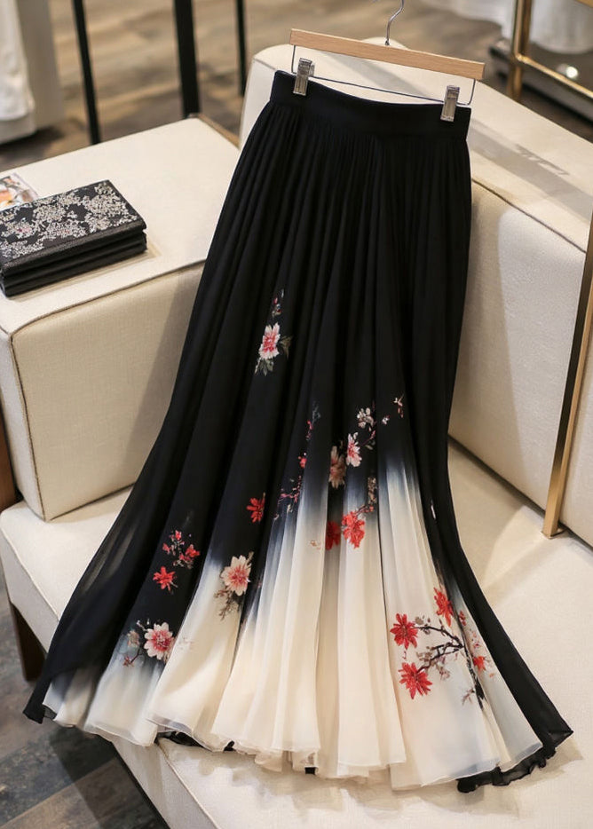 Print Waist Italian Skirts Black Elastic Chiffon Summer