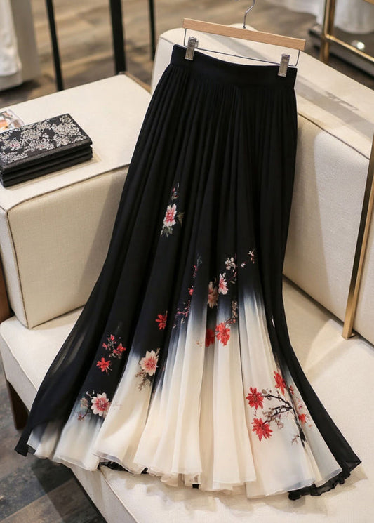 Print Waist Italian Skirts Black Elastic Chiffon Summer