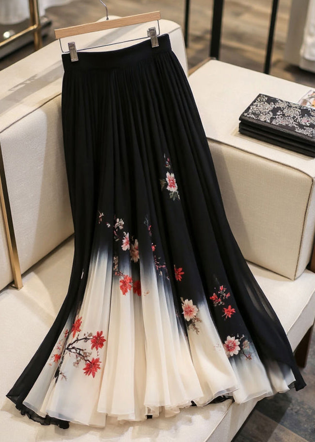 Print Waist Italian Skirts Black Elastic Chiffon Summer