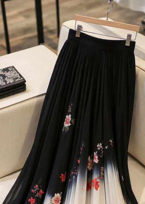 Print Waist Italian Skirts Black Elastic Chiffon Summer