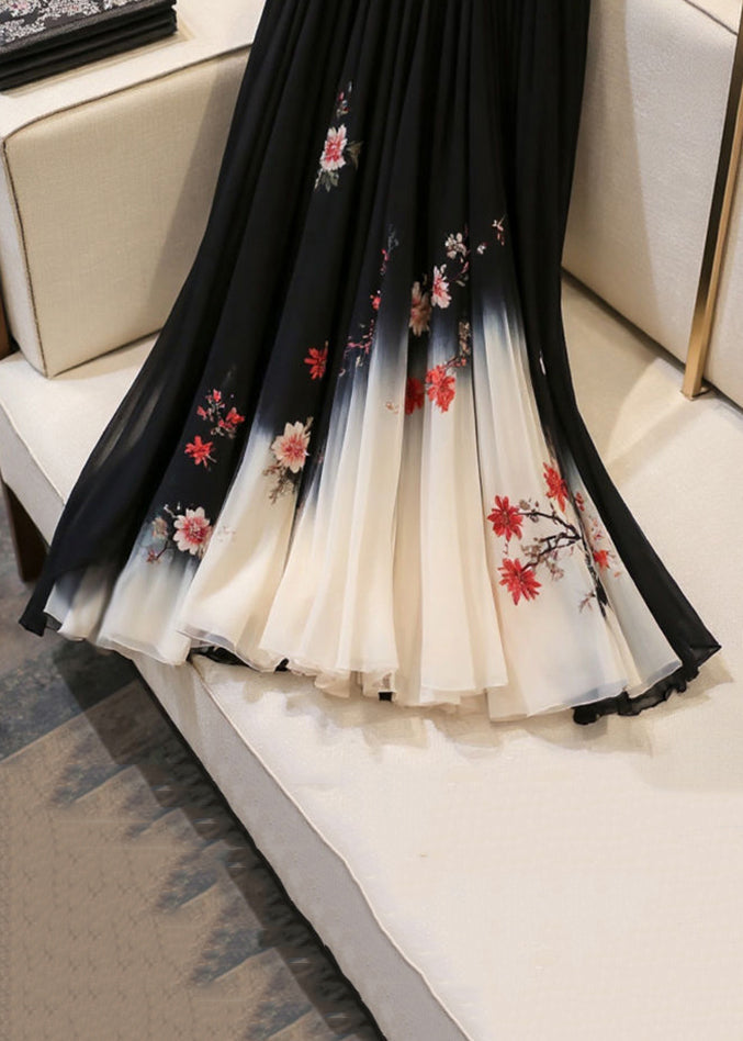 Print Waist Italian Skirts Black Elastic Chiffon Summer