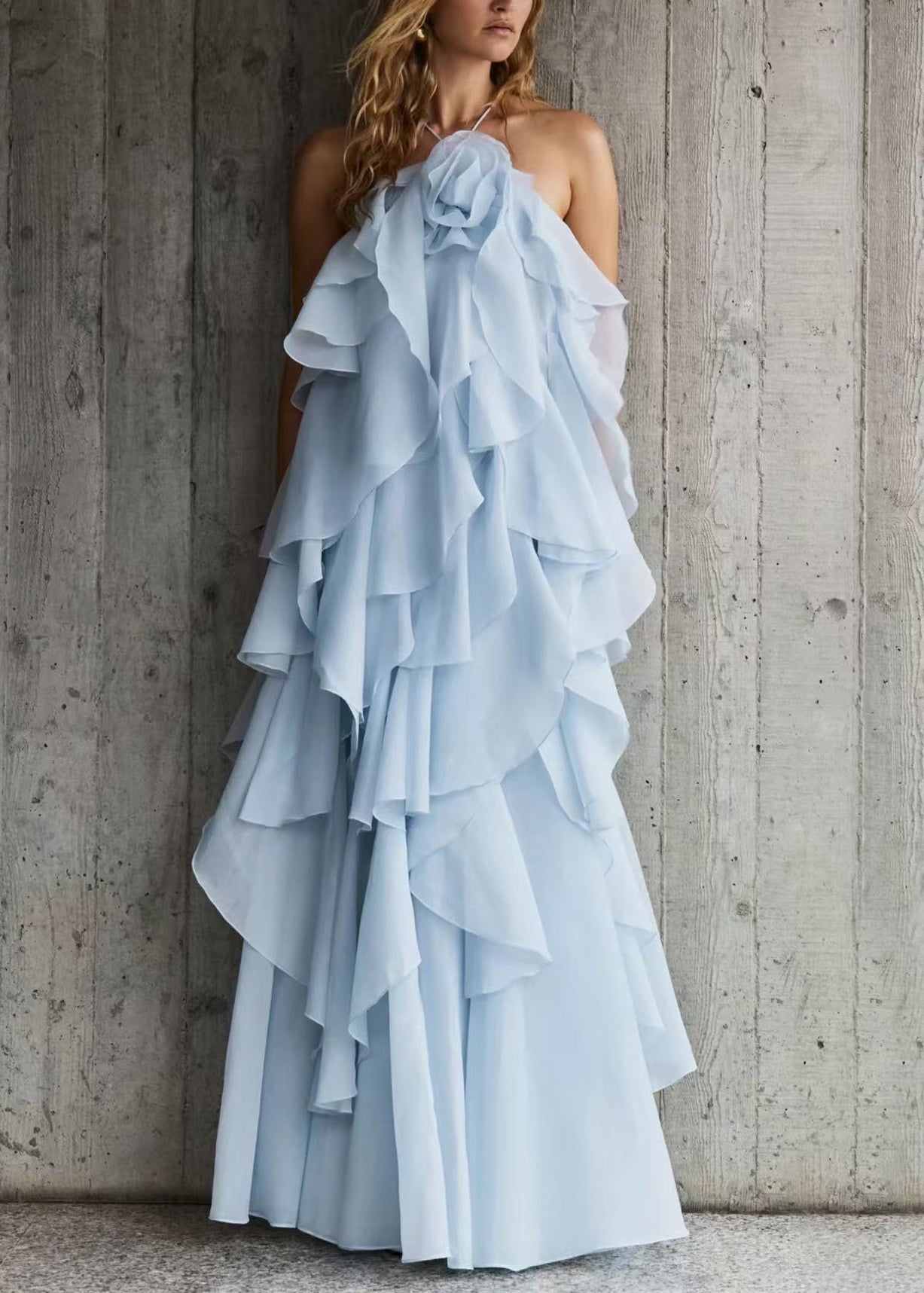 Italian Blue Spaghetti Solid Strap Backless Chiffon Dress