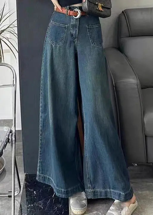 Italian Blue Pockets High Waist Denim Wide Leg Pants Spring Ada Fashion