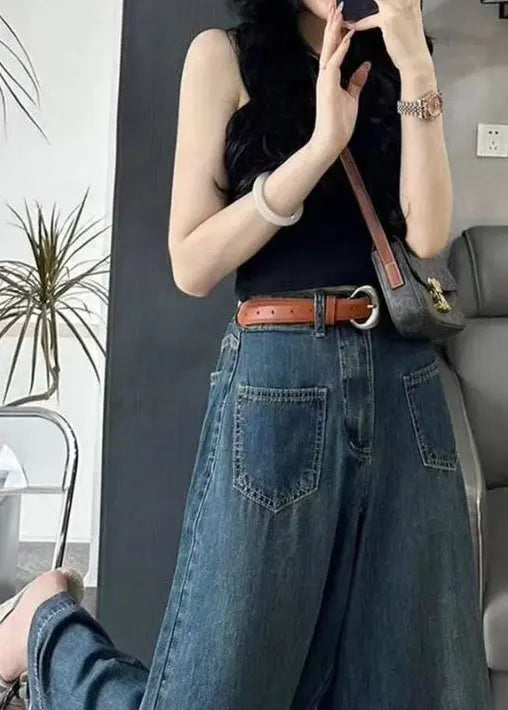 Italian Blue Pockets High Waist Denim Wide Leg Pants Spring Ada Fashion