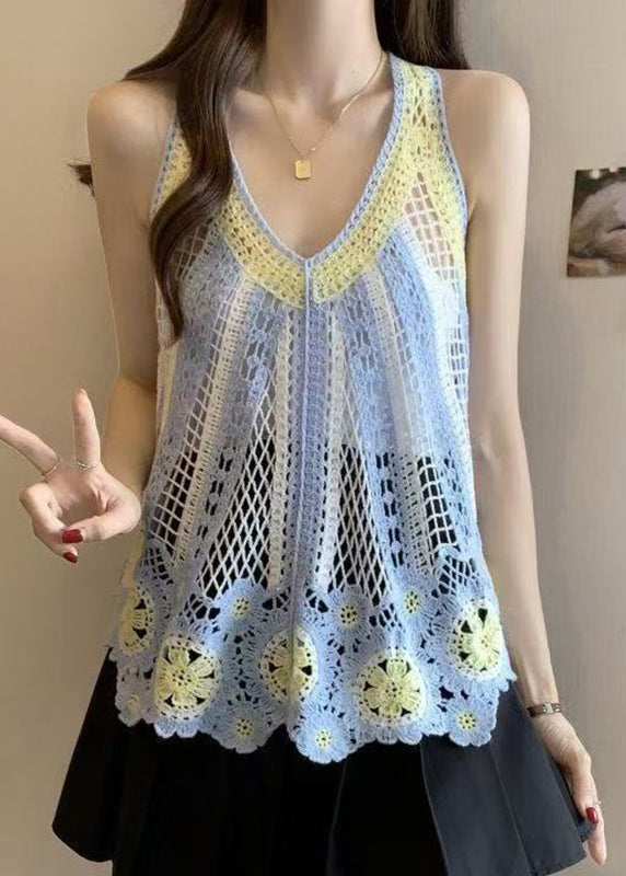 Italian V Knit Shirt Neck Hollow Sleeveless Blue Out T