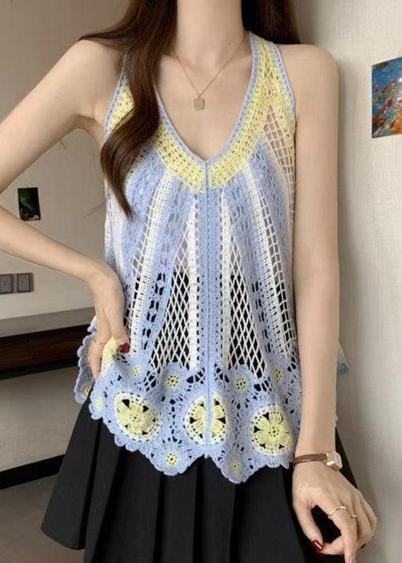 Italian V Knit Shirt Neck Hollow Sleeveless Blue Out T