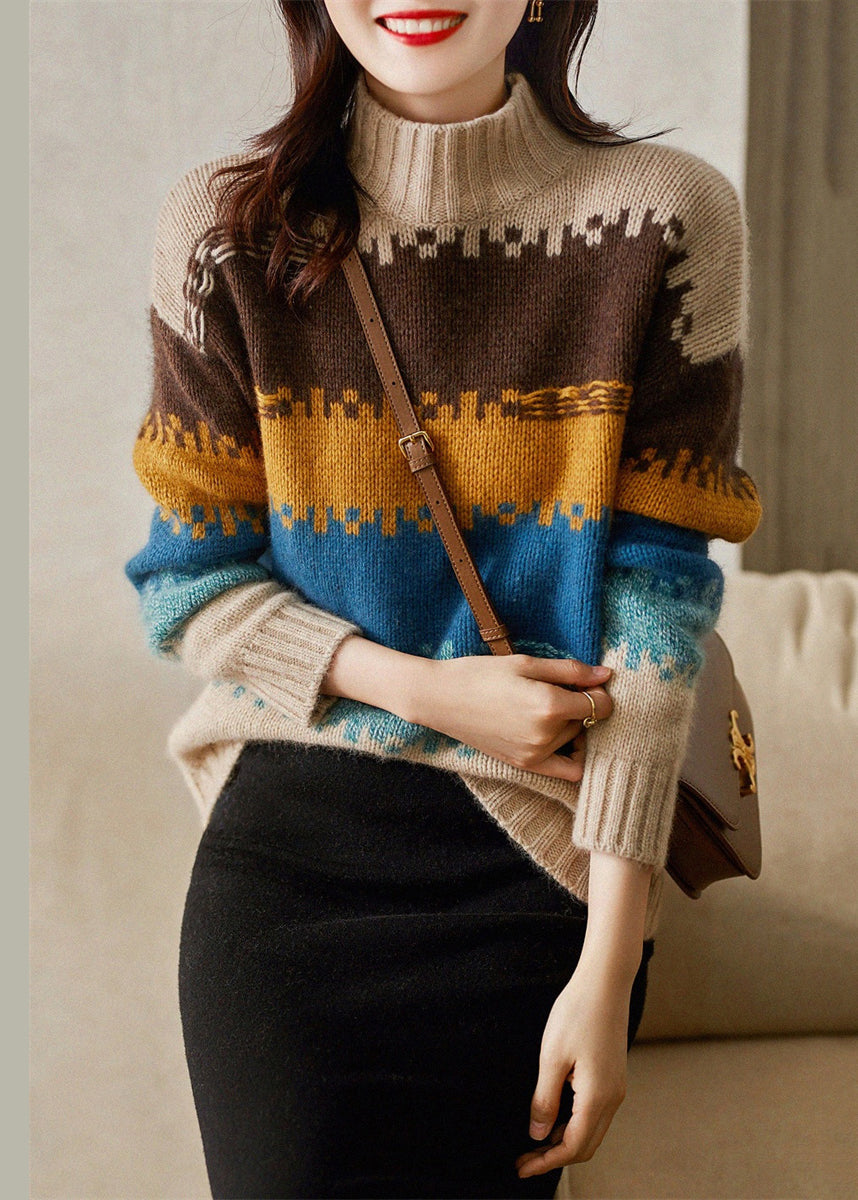 Italian Colorblock Hign Neck Thick Cozy Knit Sweater Spring YY040