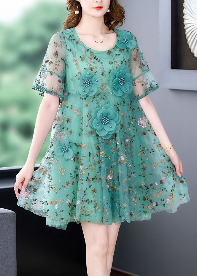 Italian Green O Neck Embroidered Tulle Mid Dress Summer OP1078