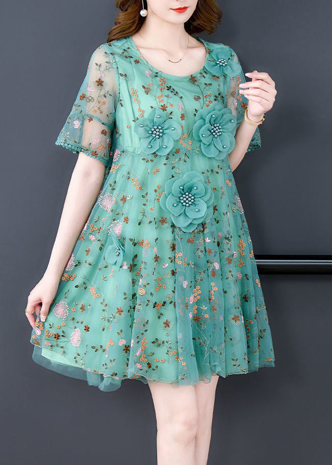 Italian Green O Neck Embroidered Tulle Mid Dress Summer OP1078